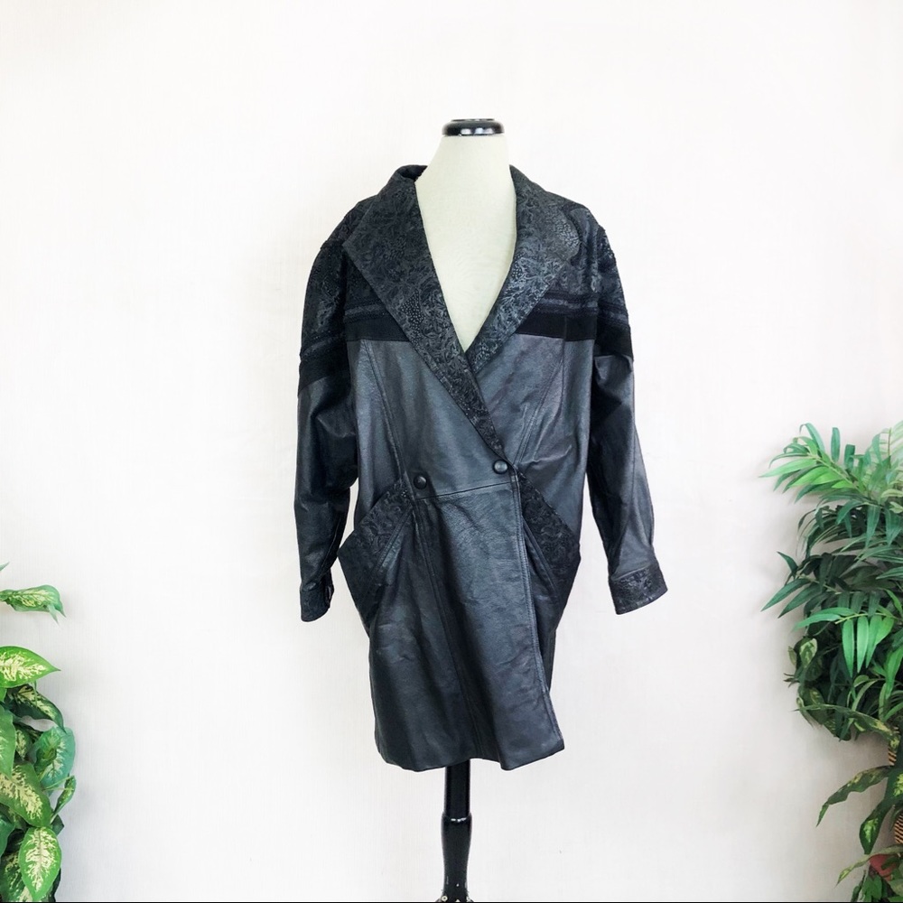 Vintage 80s Euro Mond Embossed Velvet Leather Jacket Trench Coat Black Goth